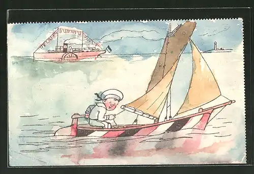 Künstler-AK Handgemalt: Segelboot mit einem Jungen in Matrosenuniform