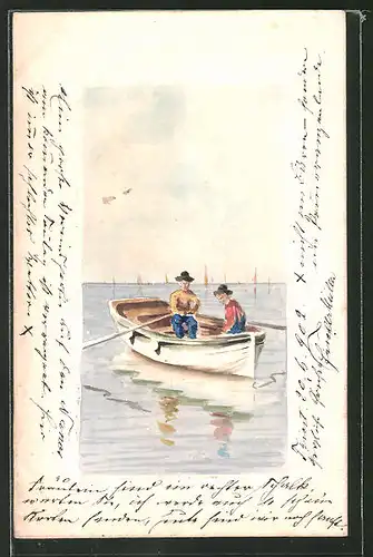 Künstler-AK Handgemalt: zwei Männer in Ruderboot