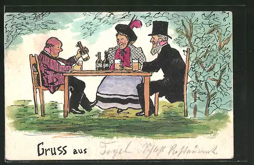 Künstler-AK Handgemalt: Männer und eine Frau am Tisch mit Bierkrügen