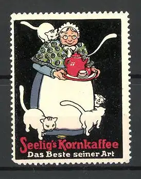 Reklamemarke Seelig's Kornkaffee, "Das beste seiner Art!", Grossmutter mit Katzen
