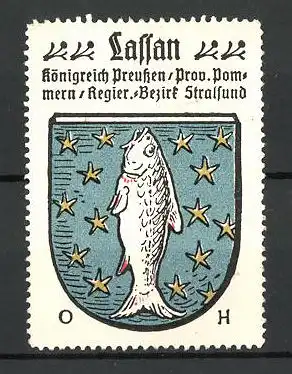 Reklamemarke Wappen von Lassan, Königreich Preussen, Prov. Pommern, Reg.-Bez. Stralsund