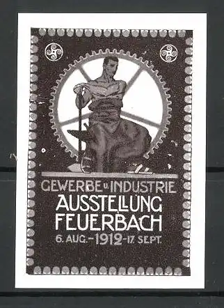Reklamemarke Feuerbach, Gewerbe-und Industrie-Ausstellung 1912, Schmied mit Amboss