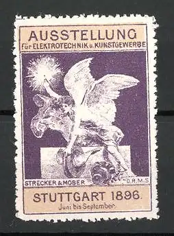 Reklamemarke Stuttgart, Ausstellung für Elektrotechnik und Kunstgewerbe 1896, Engel mit geflügelten Rad, lila