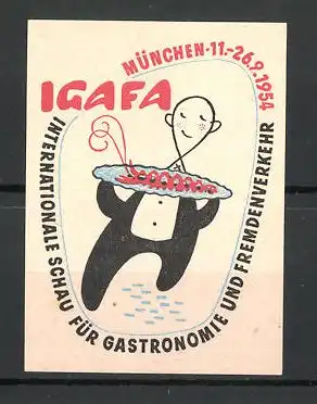 Reklamemarke München, internationale Schau für Gastronomie und Fremdenverkehr 1954, Ober mit Hummer