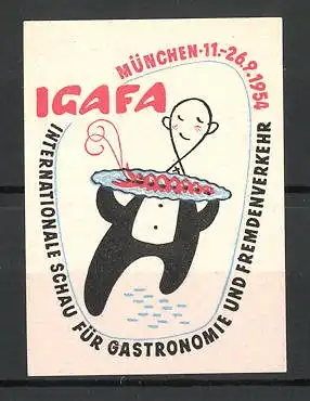 Reklamemarke München, internationale Schau für Gastronomie und Fremdenverkehr 1954, Ober mit Hummer