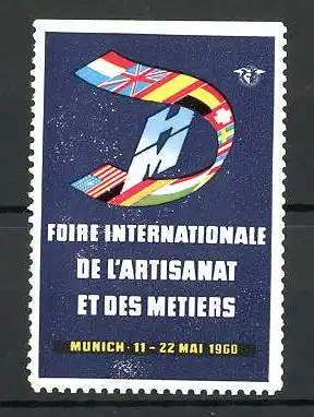 Reklamemarke München, 12. deutsche Handwerks-Messe 1960, Messelogo und internationale Flaggen