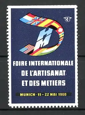 Reklamemarke München, 12. deutsche Handwerks-Messe 1960, Messelogo und internationale Flaggen