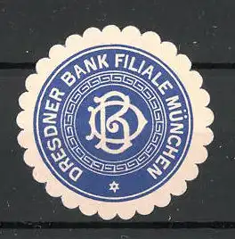 Präge-Reklamemarke Dresdener Bank-Filiale München, Firmenlogo