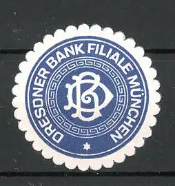 Präge-Reklamemarke Dresdener Bank-Filiale München, Firmenlogo