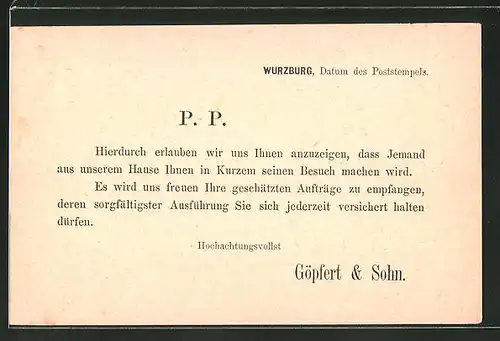 Vorläufer-AK Würzburg, 1883, Besuchsankündigung Göpfert & Sohn
