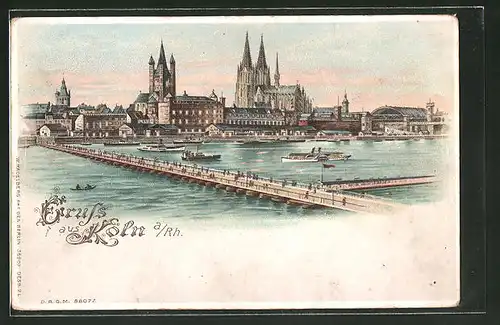 Lithographie Köln, Panorama mit Rheinbrücke und Dom, Halt gegen das Licht