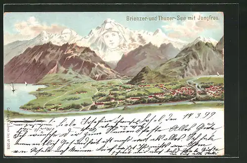 Lithographie Künzli No. 5018: Brienzer- und Thune-See mit Jungfrau, Berg mit Gesicht / Berggesichter