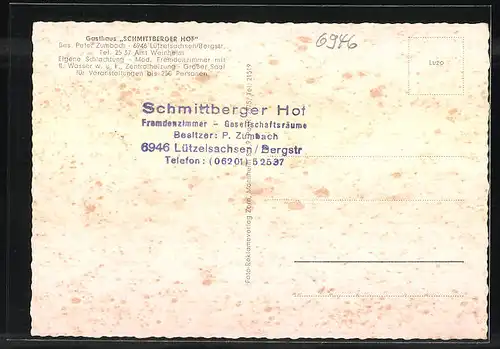 AK Lützelsachsen / Bergstr., Gasthaus "Schmittberger Hof", Bes. Peter Zumbach