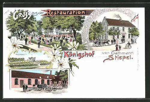 Lithographie Bochum, Restaurant Königshof v. G. Stiepel, Hochbassin, Fabrik landwirtschaftlicher Maschinen