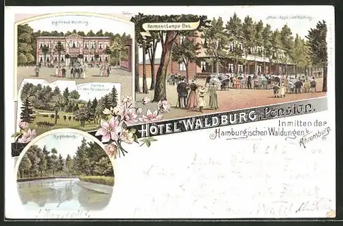 Lithographie Ahrensburg, Hotel-Pension Waldburg, Karpfenteich