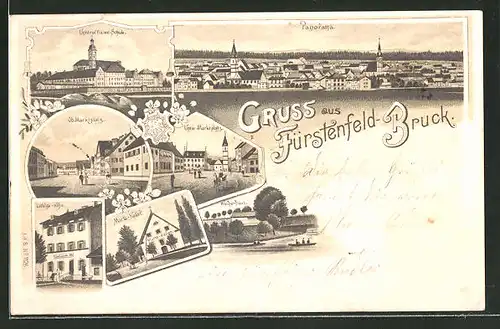 Lithographie Fürstenfeldbruck, Panorama, Marktplatz, Gasthaus Martha-Keller, Weiherhaus