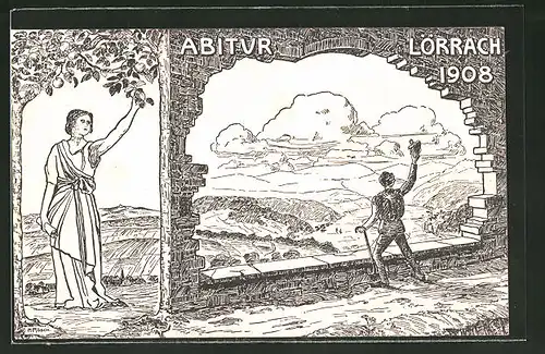 Künstler-AK Lörrach, Absolvia 1908, Blick zum Ort