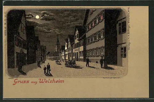 Mondschein-Lithographie Welzheim, Strassenpartie im Ort