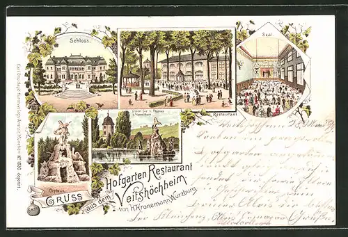 Lithographie Veitshöchheim, Hofgarten-Restaurant, Schloss, Saal