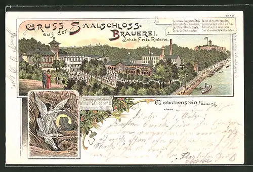 Lithographie Halle / Saale, Saalschlos-Brauerei und Gasthof von Fritz Rahne