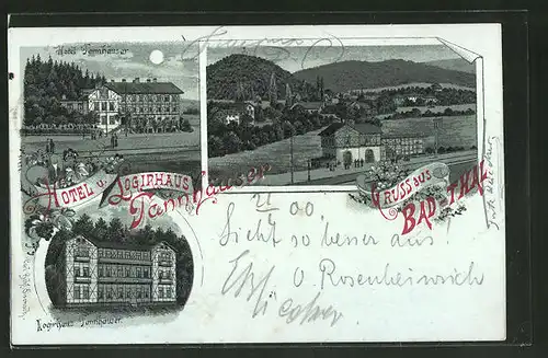 Mondschein-Lithographie Bad-Thal, Bahnhof, Hotel Tannhäuser & Logierhaus Tannhäuser