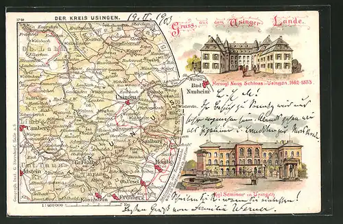 Lithographie Usingen, Landkarte mit Herzogl. Nass Schloss und Kgl. Seminar