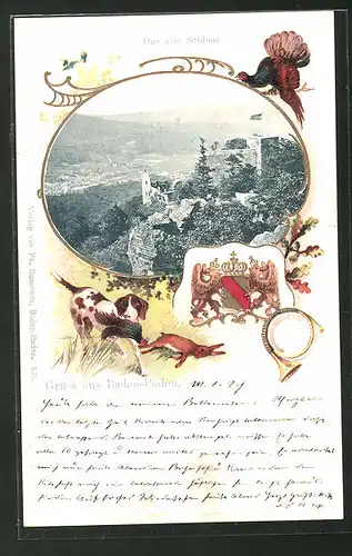 Passepartout-Lithographie Baden-Baden, Das alte Schloss, Wappen, Jagdhund und Auerhahn