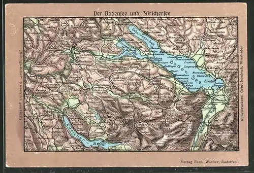 Relief-AK Markdorf, Gesamtansicht vom Bodensee und Zürichersee mit Umgebung