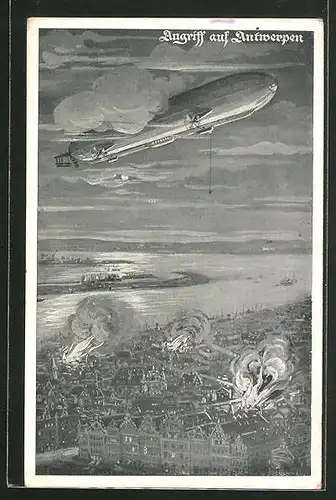 Künstler-AK Zeppelin beim Angriff auf Antwerpen