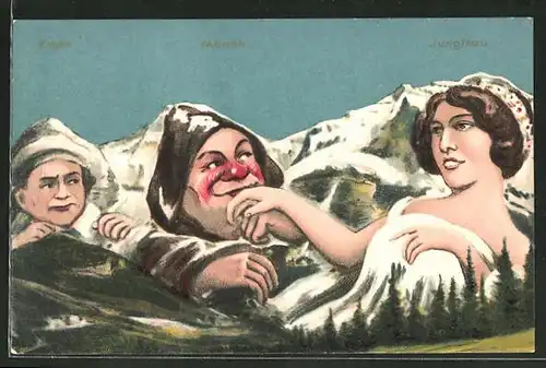 Künstler-AK Mönch küsst der Jungfrau die Hand, eifersüchtiger Eiger, Berg mit Gesicht / Berggesichter
