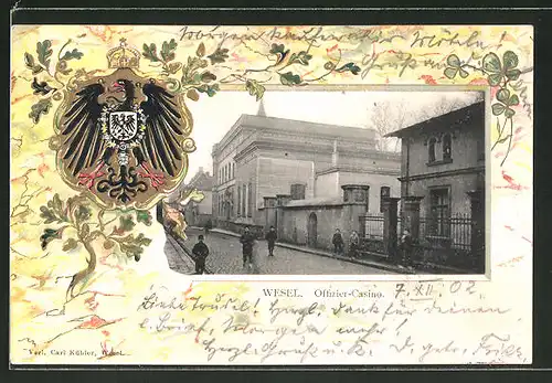 Passepartout-Lithographie Wesel, Offiziers-Casino, geprägter Passepartout-Rahmen mit Wappen