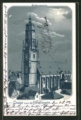 Winter-Lithographie Nördlingen, St. Georgskirche im Stadtbild bei Vollmond