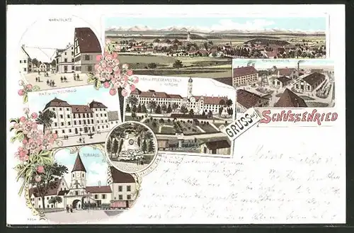 Lithographie Schussenried, Marktplatz, Torhaus, Rat- und Schulhaus, Heil- und Pflegeanstalt