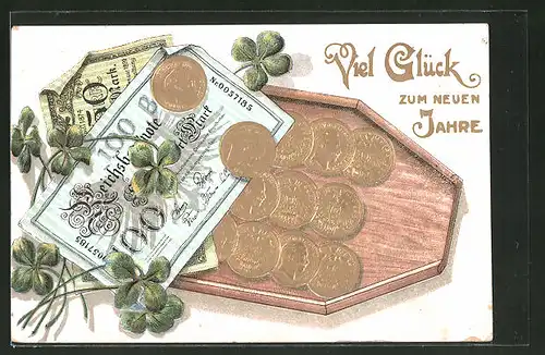 AK Reichsbanknoten und Münzen mit Geldsack und Kleeblättern