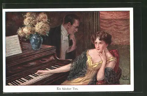 Künstler-AK Ruab Gnischaf: Ein falscher Ton, Frau sitzt am Klavier, Mann steht daneben