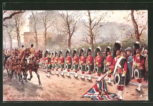 Künstler-AK Harry Payne: Dipping the Colours to Royalty, The Gordon Highlanders, britischee Armee