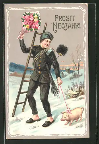 AK Schornsteinfeger mit Glücksschwein wünscht "Prosit Neujahr!"