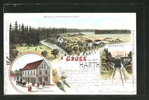 Lithographie Zwenkau, Panorama vom Harthschlösschen aus gesehen, Gasthaus Harthschlösschen, Bahnwärterhäuschen