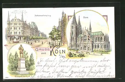Lithographie Köln, Hohenzollernring, Dom, Bismarck-Denkmal
