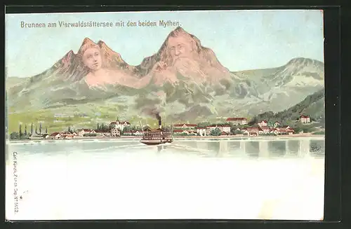 Lithographie Künzli Nr. 5022: Brunnen, Panorama Vierwaldstättersee mit Mythen, Berg mit Gesicht / Berggesichter