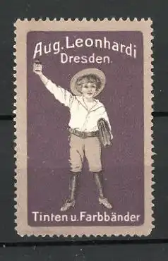 Reklamemarke Tinten-und Farbbänder der Firma Leonhardi, Dresden, Schuljunge mit Tintenfass, lila