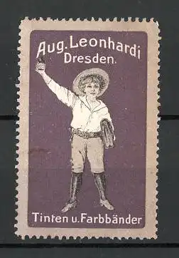 Reklamemarke Tinten-und Farbbänder der Firma Leonhardi, Dresden, Schuljunge mit Tintenfass, lila