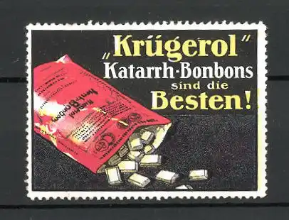 Reklamemarke "Krügerol"-Katarrh-Bonbons, "Die Besten!", Packung "Krügerol"