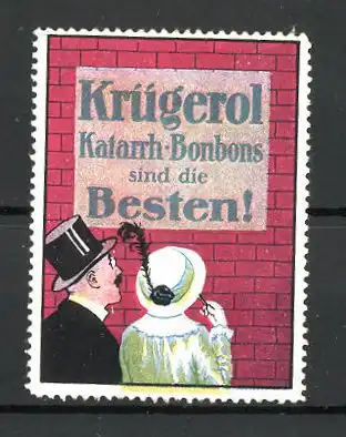 Reklamemarke "Krügerol"-Katarrh-Bonbons, "Sind die Besten!", Parr schaut auf Plakat