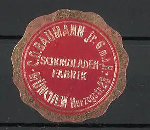 Präge-Reklamemarke Schokoladenfabrik Baumann GmbH, München