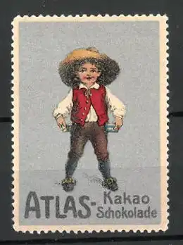 Reklamemarke "Atlas"-Kakao-Schokolade, Junge in Tracht mit Schokoladentafeln