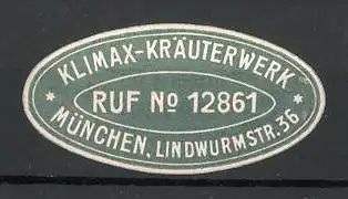 Präge-Reklamemarke Klimax-Kräuterwerk in München