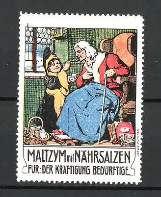 Künstler-Reklamemarke Max Freese, Maltzym-Kräftigungspräparat, Münchner Kindl mit alter Frau