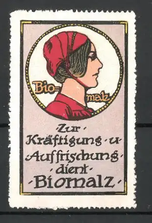 Reklamemarke "Biomalz"-Kräftigungspräparat, "Zur Kräftigung!", Mädchen-Porträt