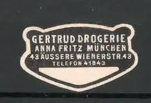 Präge-Reklamemarke Gertrud-Drogerie Anna Fritz in München
